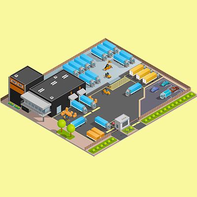 Road cargo transportation isometric design concept with warehouse parking for trucks and refrigerators checkpoint with barrier flat vector illustration